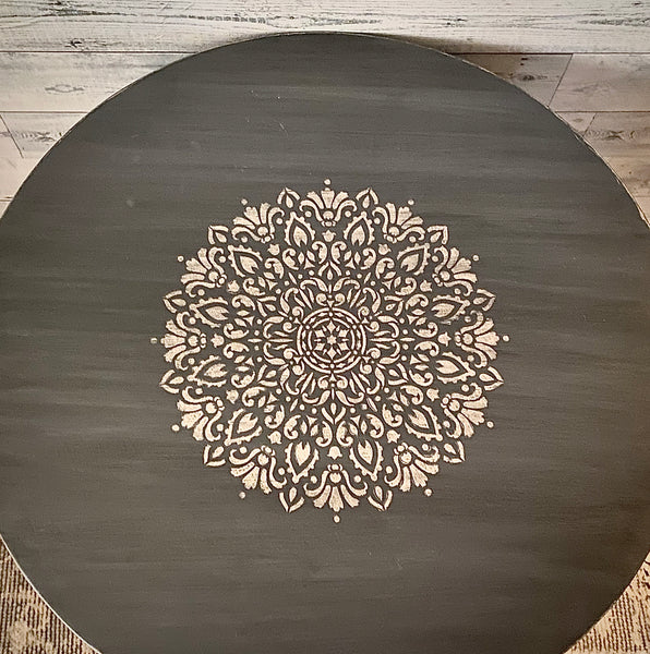 Refinished Dark Gray Round Table with Embellished Drawer