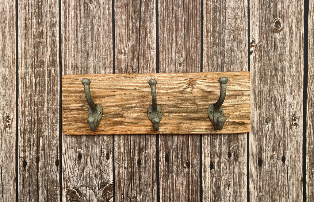Three Cast Iron Wall Hooks on Reclaimed Barn Wood – Hooks Galore and More,  LLC