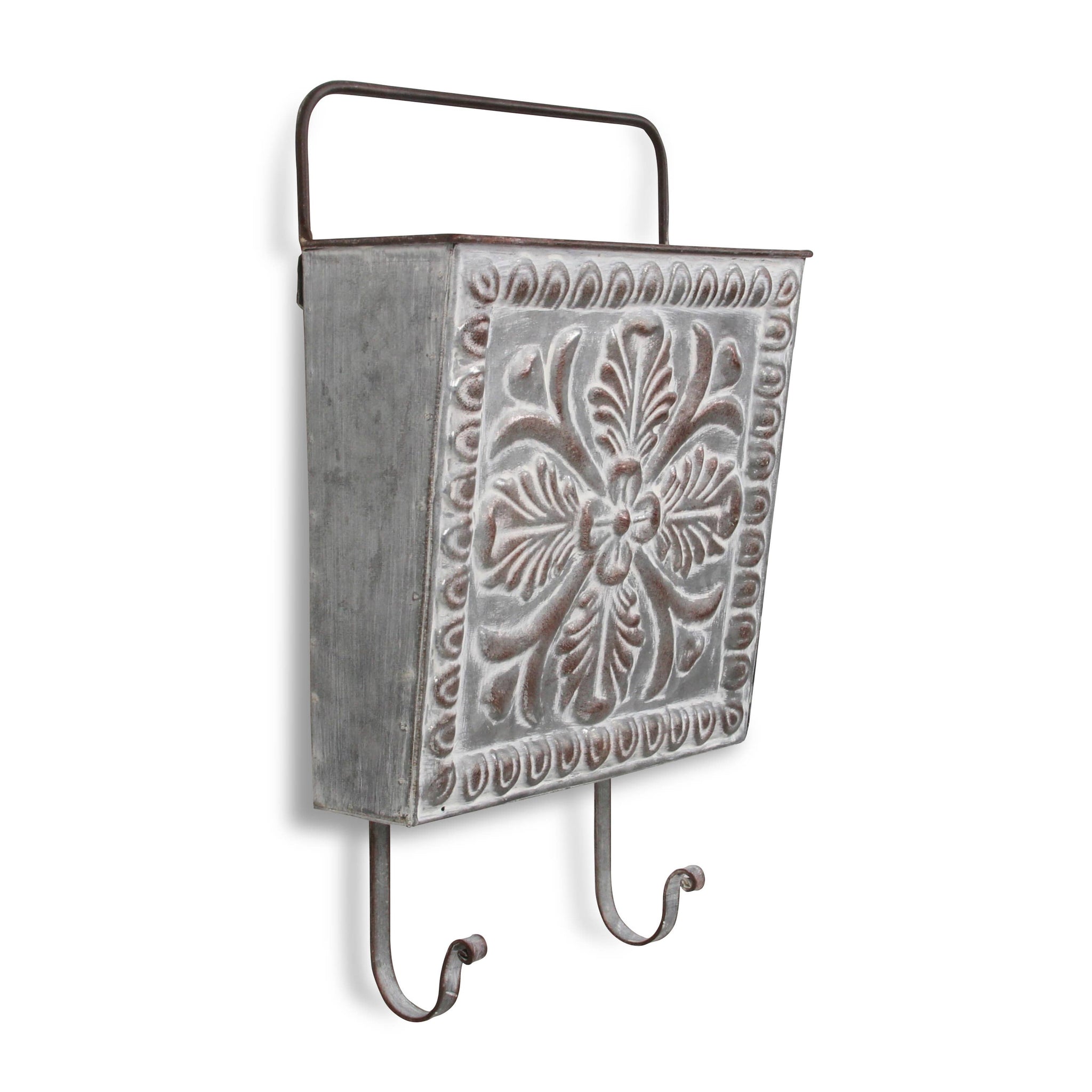 Metal Hanging Storage Pocket with 2 Hooks and Floral Press