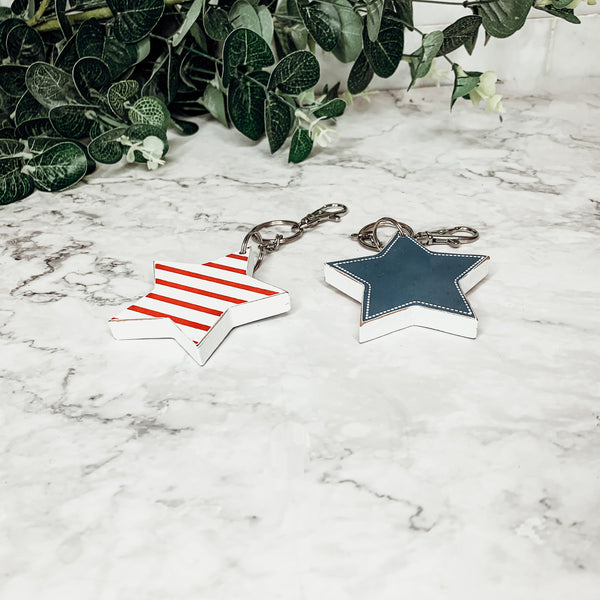 4th of July Accessories, Double-Sided Wooden Keychain, Star Wood Keychain, Red White Stripes + Blue