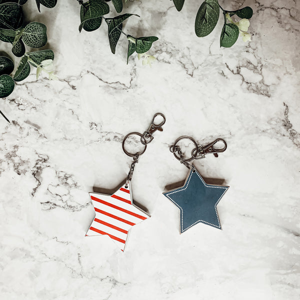 4th of July Accessories, Double-Sided Wooden Keychain, Star Wood Keychain, Red White Stripes + Blue