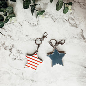 4th of July Accessories, Double-Sided Wooden Keychain, Star Wood Keychain, Red White Stripes + Blue