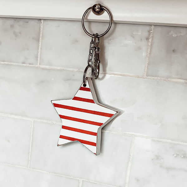 4th of July Accessories, Double-Sided Wooden Keychain, Star Wood Keychain, Red White Stripes + Blue