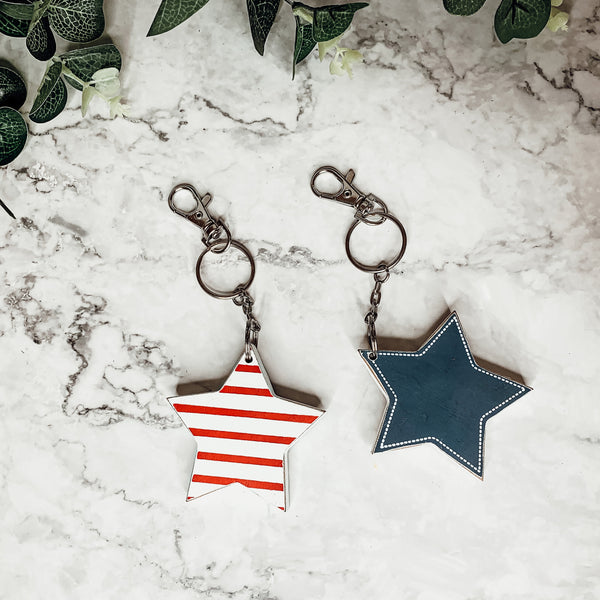 4th of July Accessories, Double-Sided Wooden Keychain, Star Wood Keychain, Red White Stripes + Blue