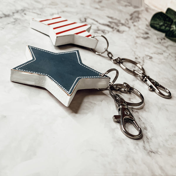 4th of July Accessories, Double-Sided Wooden Keychain, Star Wood Keychain, Red White Stripes + Blue