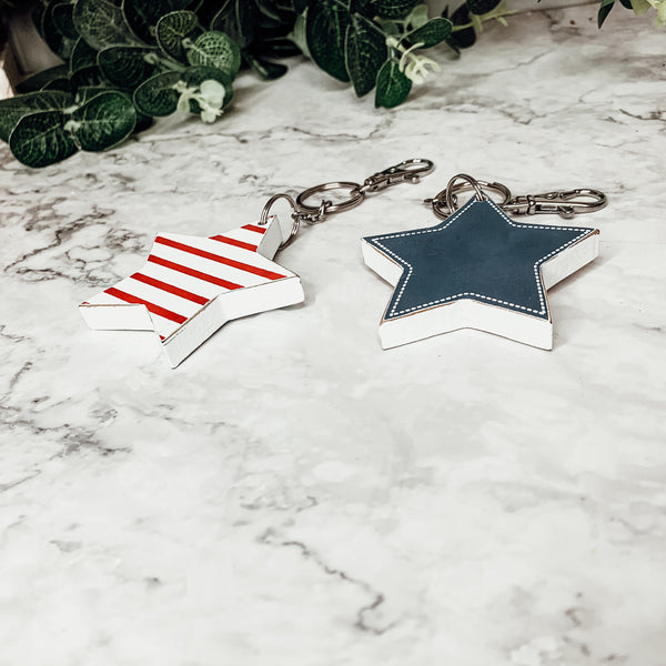 4th of July Accessories, Double-Sided Wooden Keychain, Star Wood Keychain, Red White Stripes + Blue